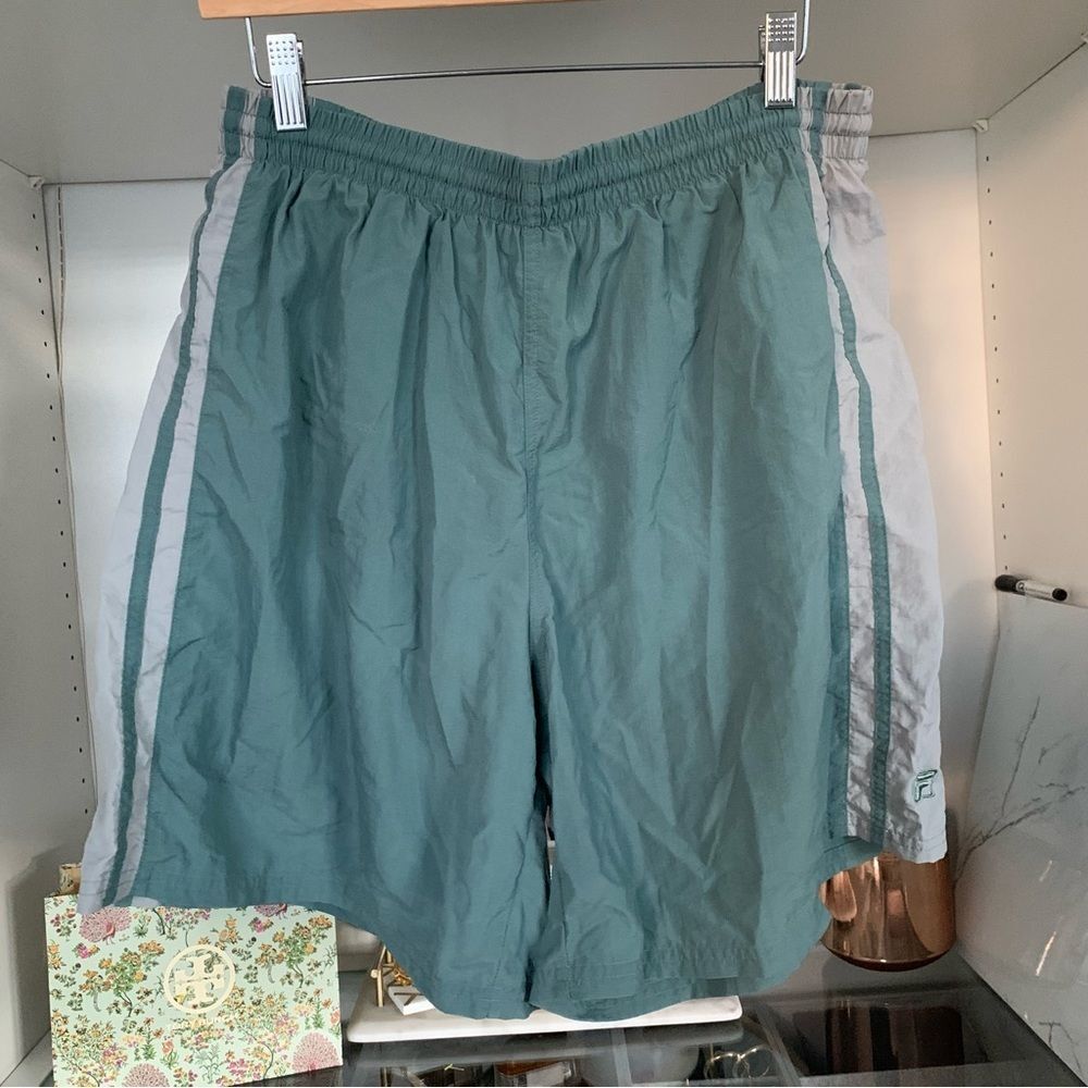 Vintage Fila Green Retro Elastic Boardshorts w Side Stripes Mesh Underliner Sz L